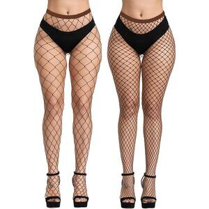 Women's Black Fishnet Tights with Wide Diamond Pattern and Brown Waistband